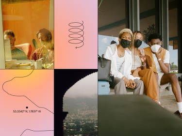 3 friends traveling with an Away coast Bigger Carry On with a black Everywhere Bag on top, montaged along a pink graphic design including coordinates resembling travel