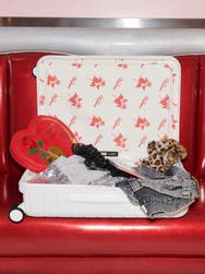 An open white Away Bigger Carry-On suitcase by designer Vaquera with various items inside on a red vinyl diner seat and showing the signature inner suitcase print.