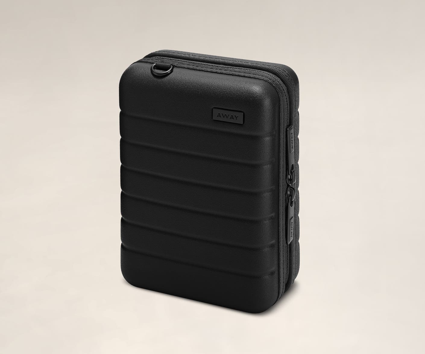Hardsided mini suitcase displayed from the front in black.