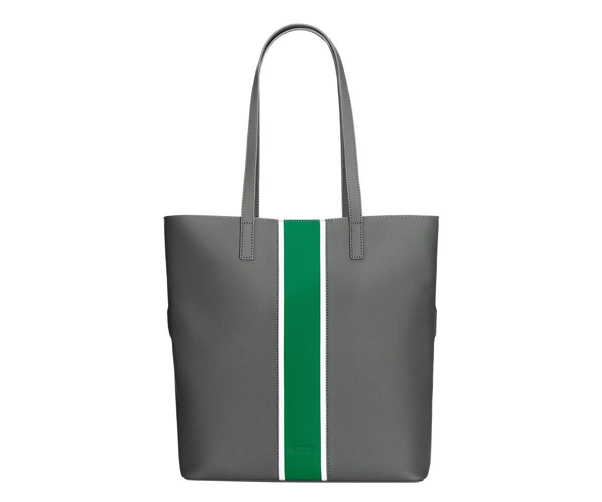 Away Longitude Tote bag from the Chalet Limited Edition Collection in Alpine grey with a green and white stripe.