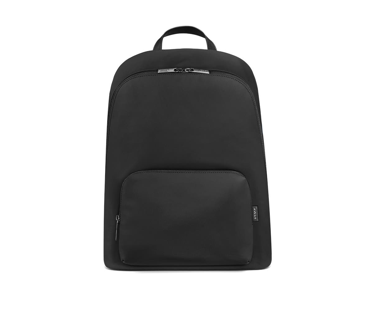 Front of a black backpack with two pockets one main and one small with zip.