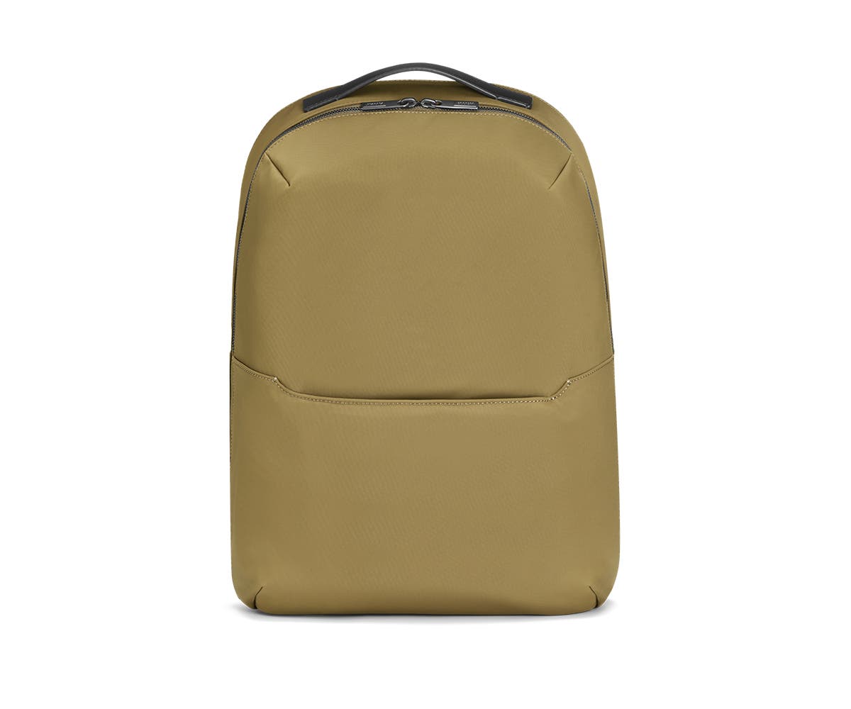 Front view of a olive backpack.