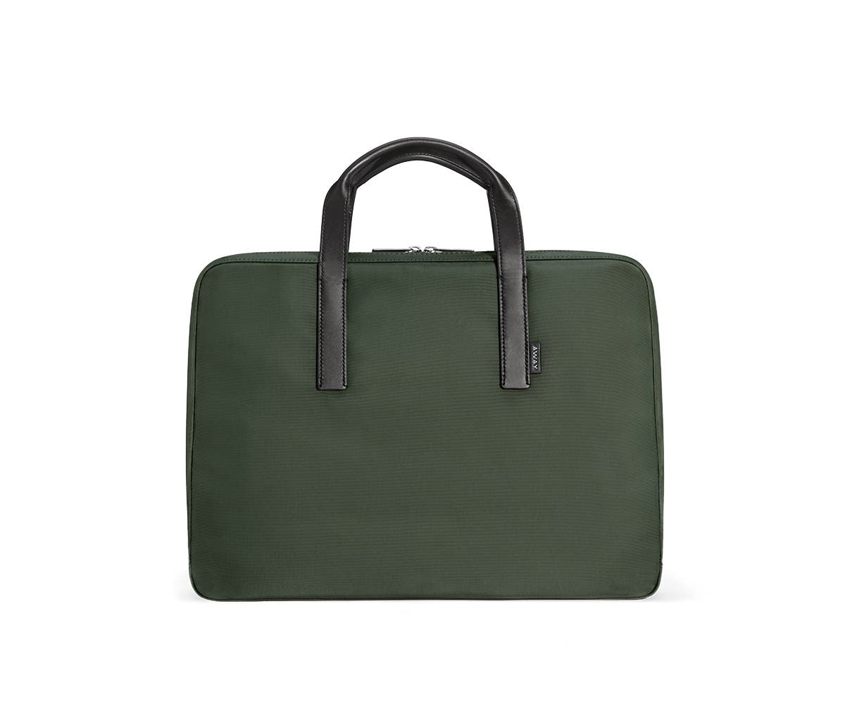 green laptop bag with raised handles in leather trim