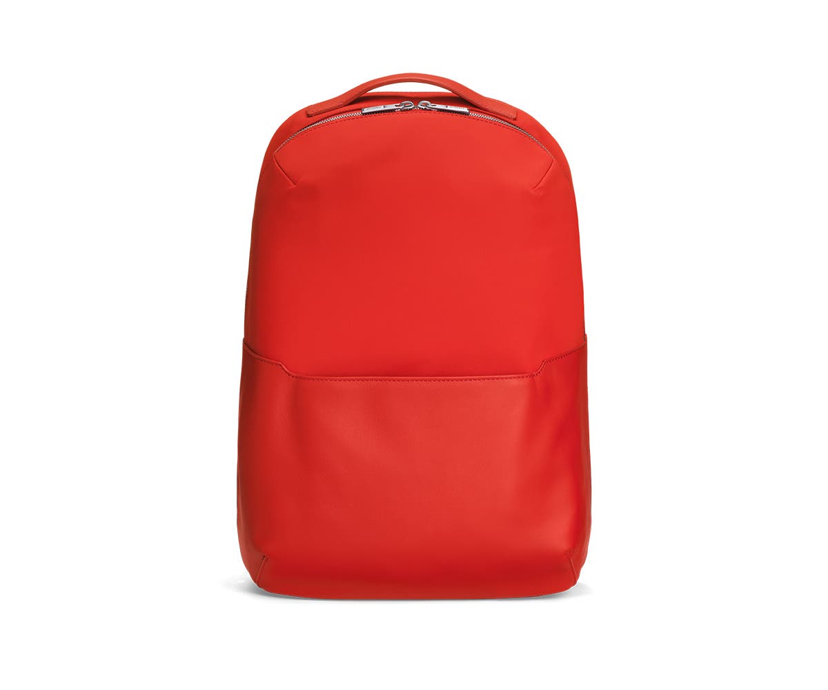 Front view of a crimson backpack.