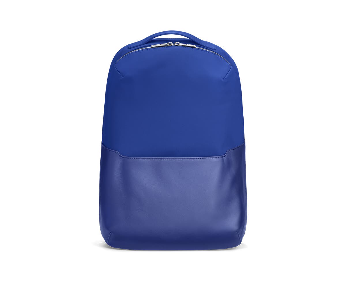 Front view of a cobalt backpack.