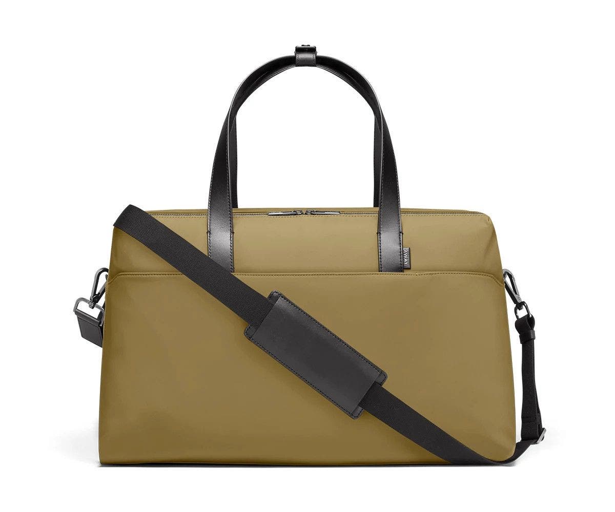 Large shoulder bag in moss with raised handles and shoulder strap across the bag.