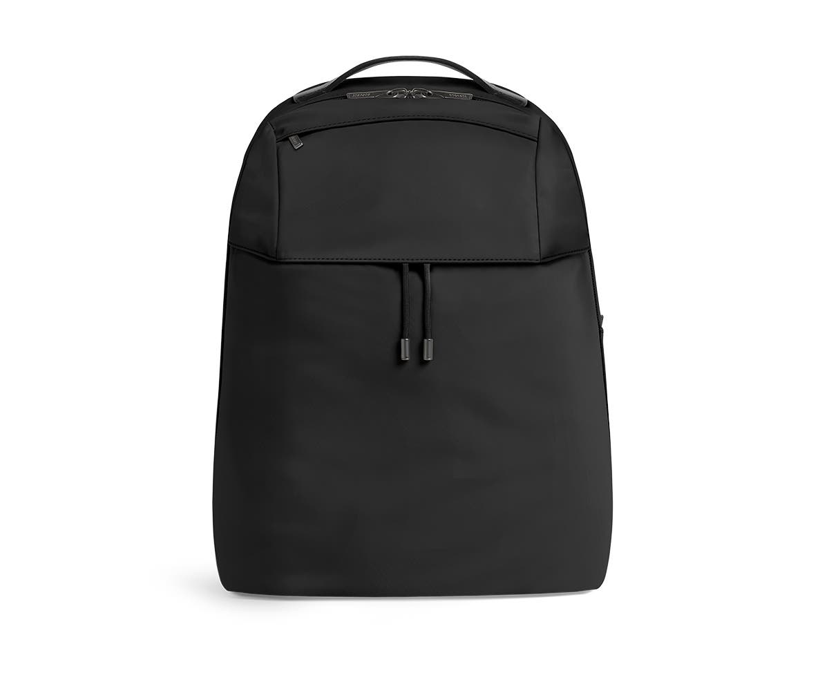 Front shot of black backpack with a front flap pocket.