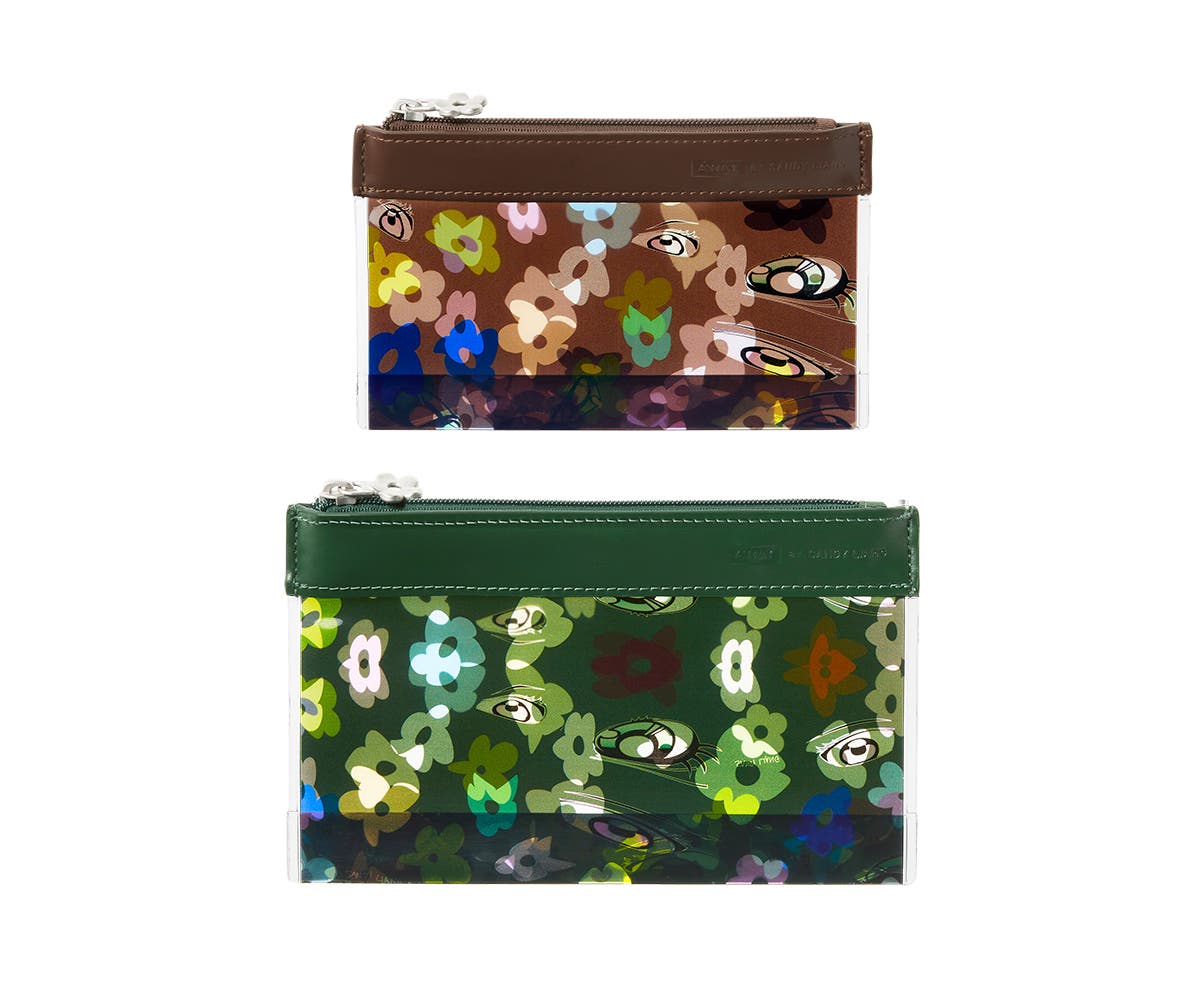 Two Travel Pouch Sets in small and large sizes, in green and brown shades with a custom floral pattern