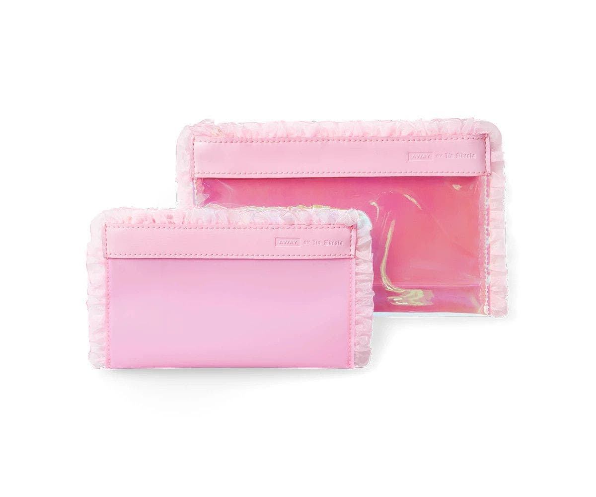 Two Travel Pouch Sets in small and large sizes, in pink shades with custom pink organza ruffle exterior