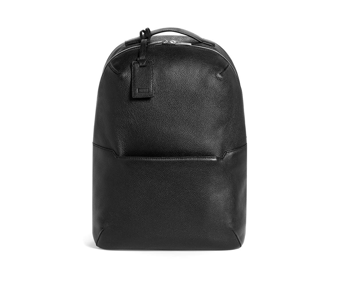 Backpack in Black Leather with one small pocket in the front.