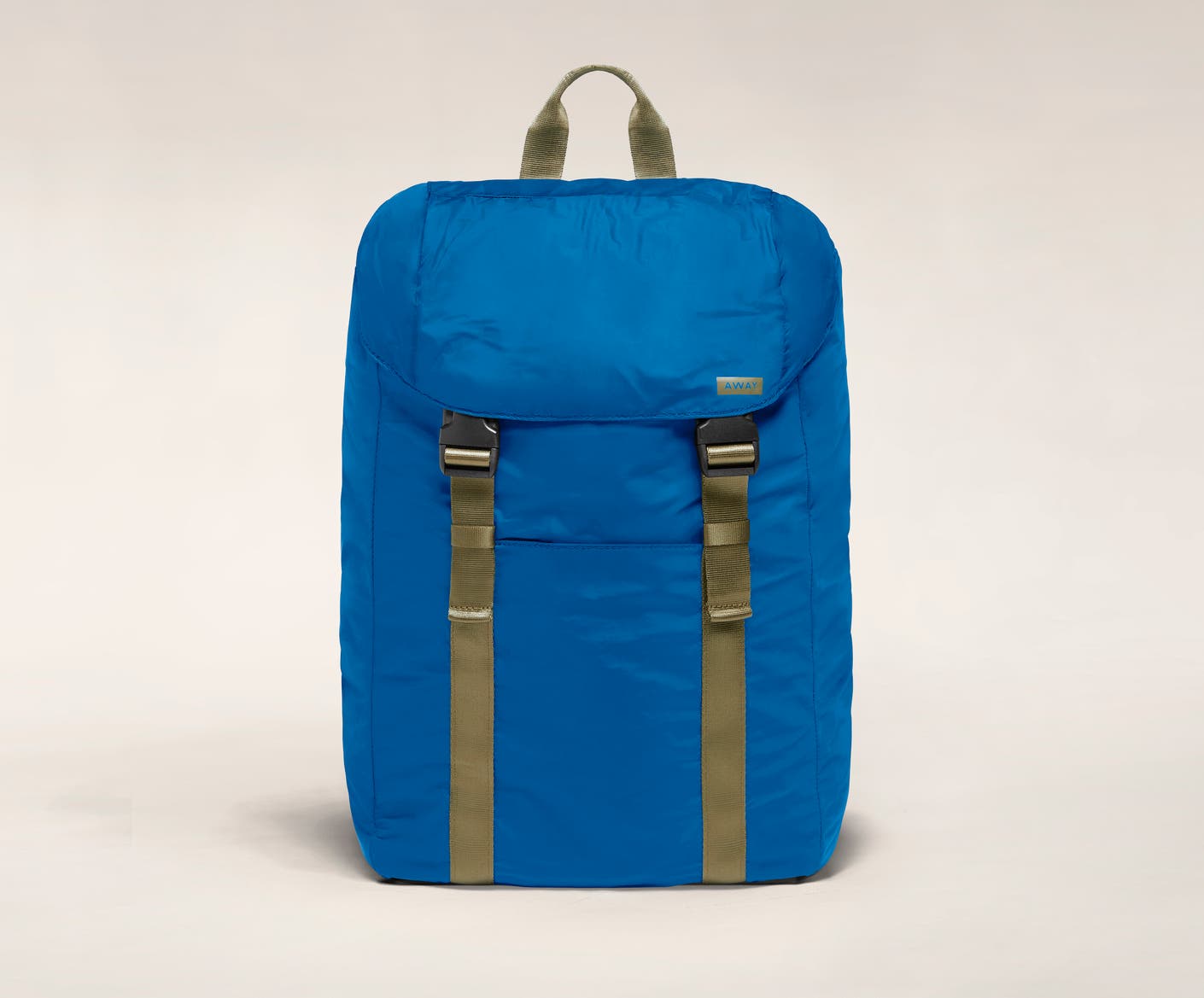 Front view of the Away packable backpack in the color pacific.
