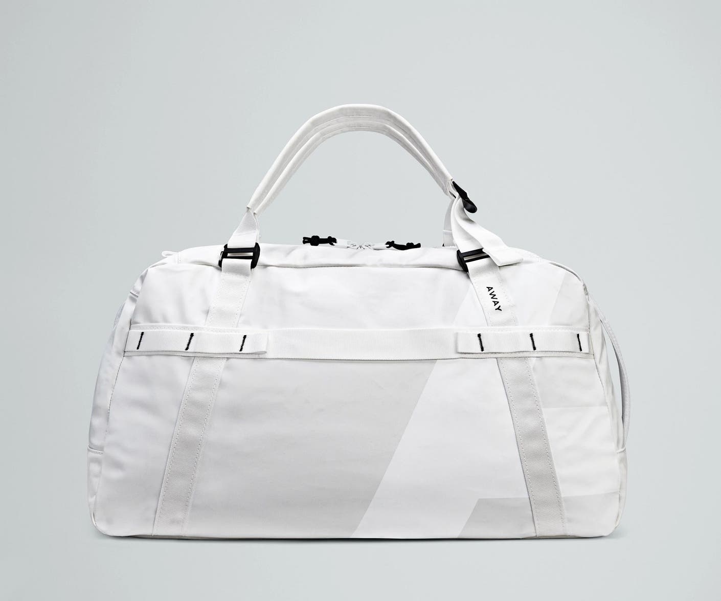 Front view of the Away For All Routes Duffle 55 Liters in white