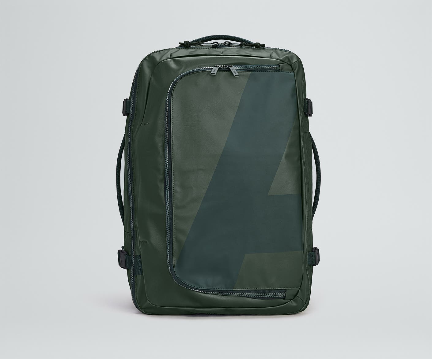 Front view of the Away For All Routes Convertible Backpack Duffle 45 Liters in green