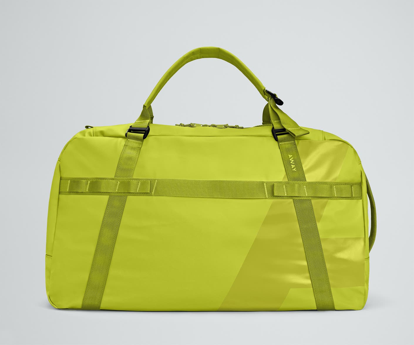 Front view of the Away For All Routes Duffle 70 Liters in celery green