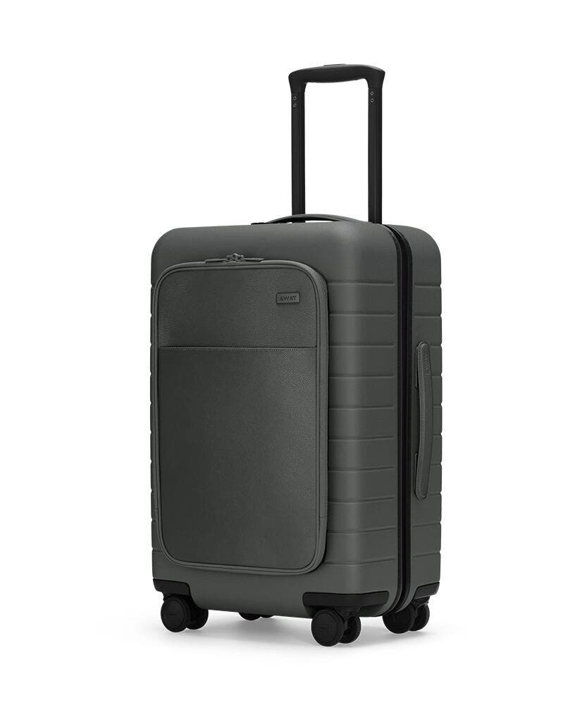 The Bigger Carry-On with Pocket in Asphalt shown at an angle with raised telescoping handle