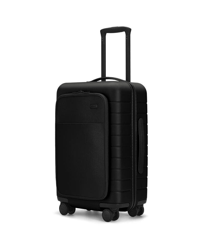 The Carry-On with Pocket in Black shown at an angle with raised telescoping handle