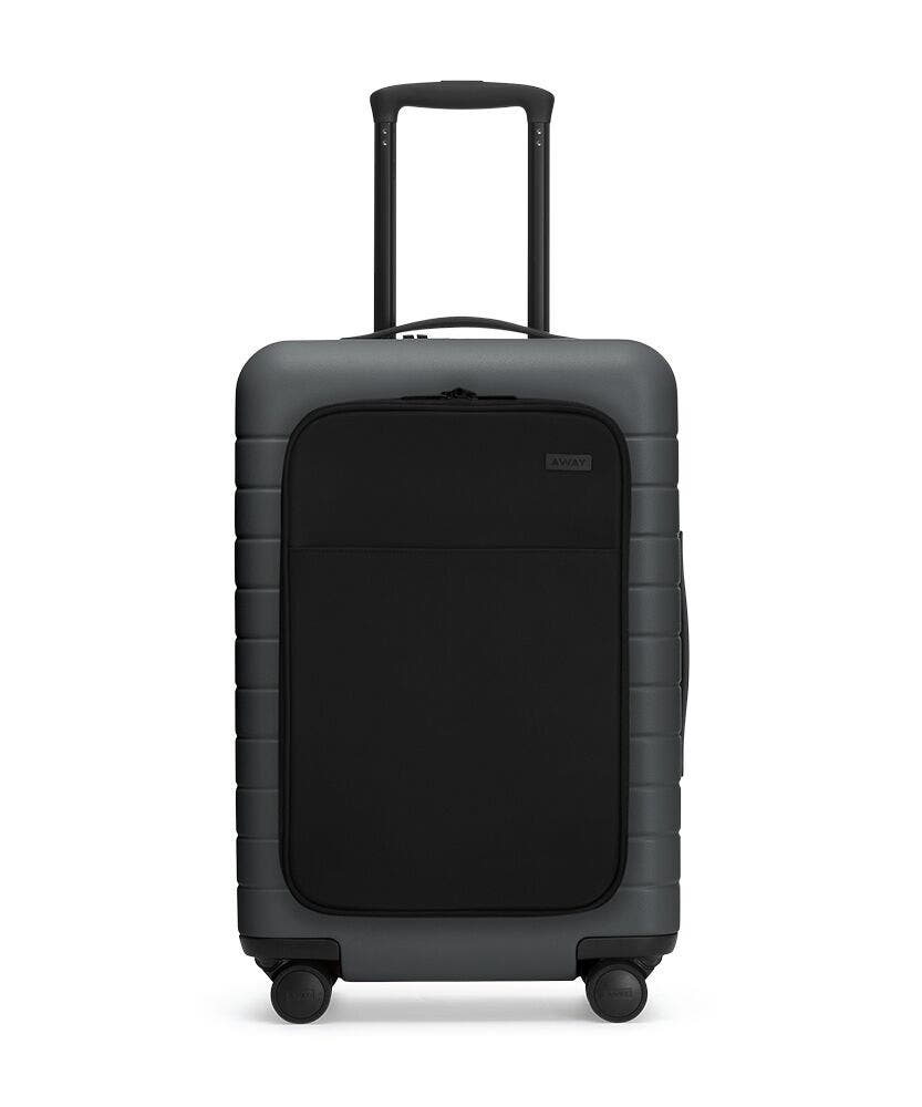 The Bigger Carry-On with Pocket in Asphalt shown from the front with raised telescoping handle