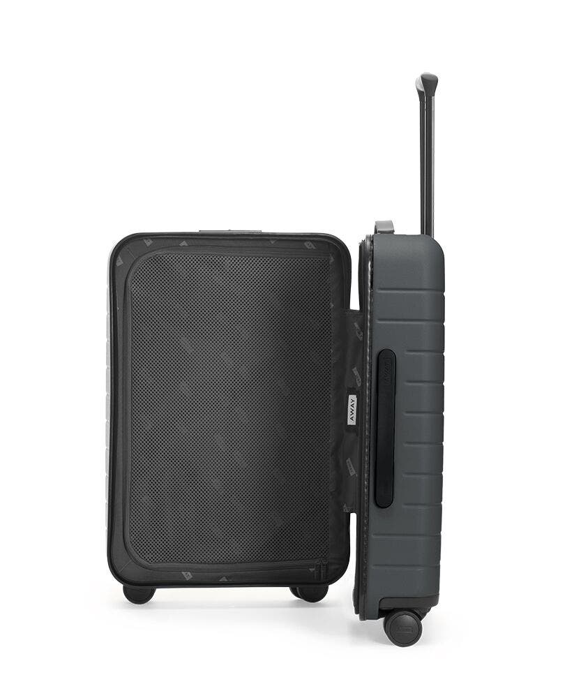 The Bigger Carry-On with Pocket in Asphalt shown open with zippered compartment on the left